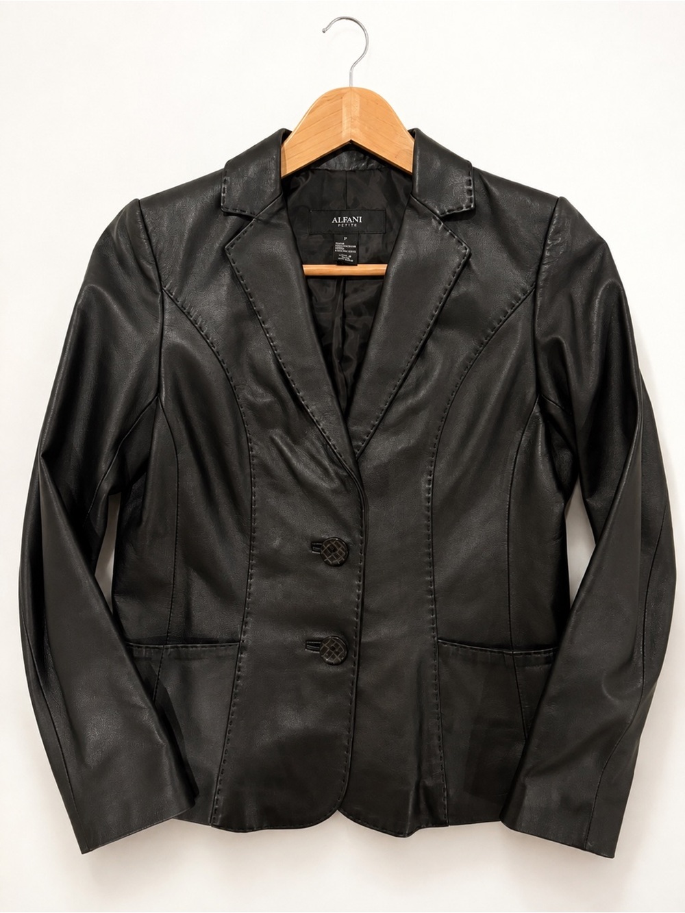 Vintage Alfani Genuine Leather Black Blazer Petite Small Tailored Y2K